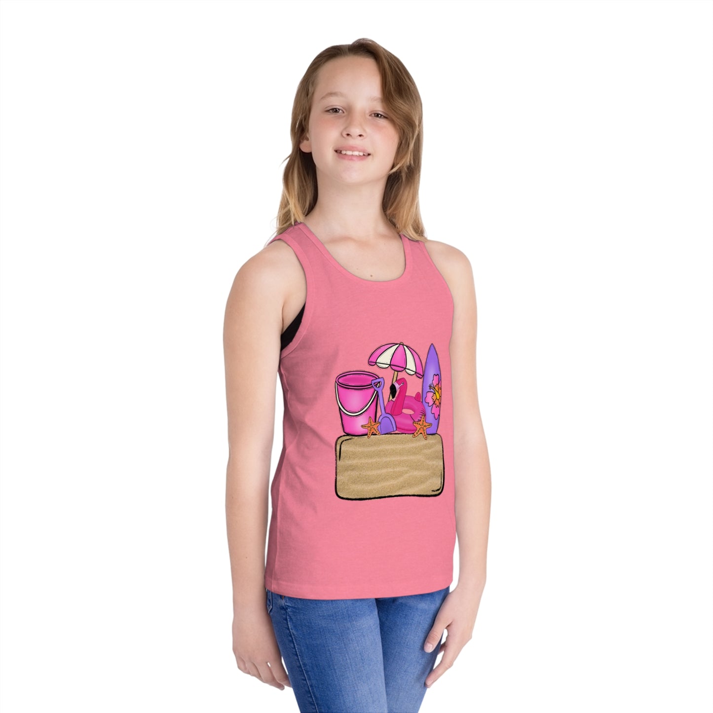 Kids Summer Beach Tank Top — Pink Crab, Surfboard & Sand Pail Graphic