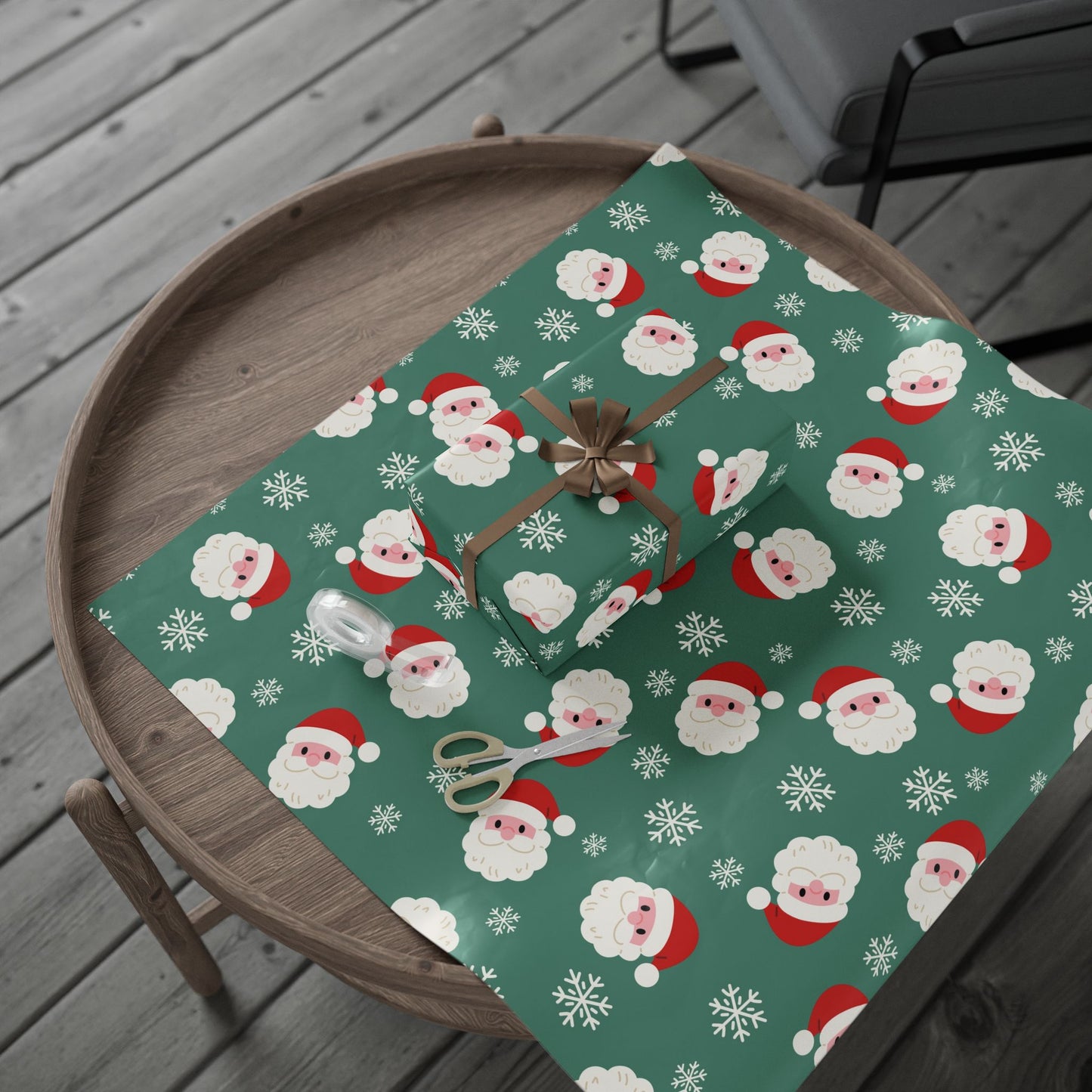 Christmas Santa Pattern Wrapping Paper — Festive Green Santa & Snowflake Gift Wrap