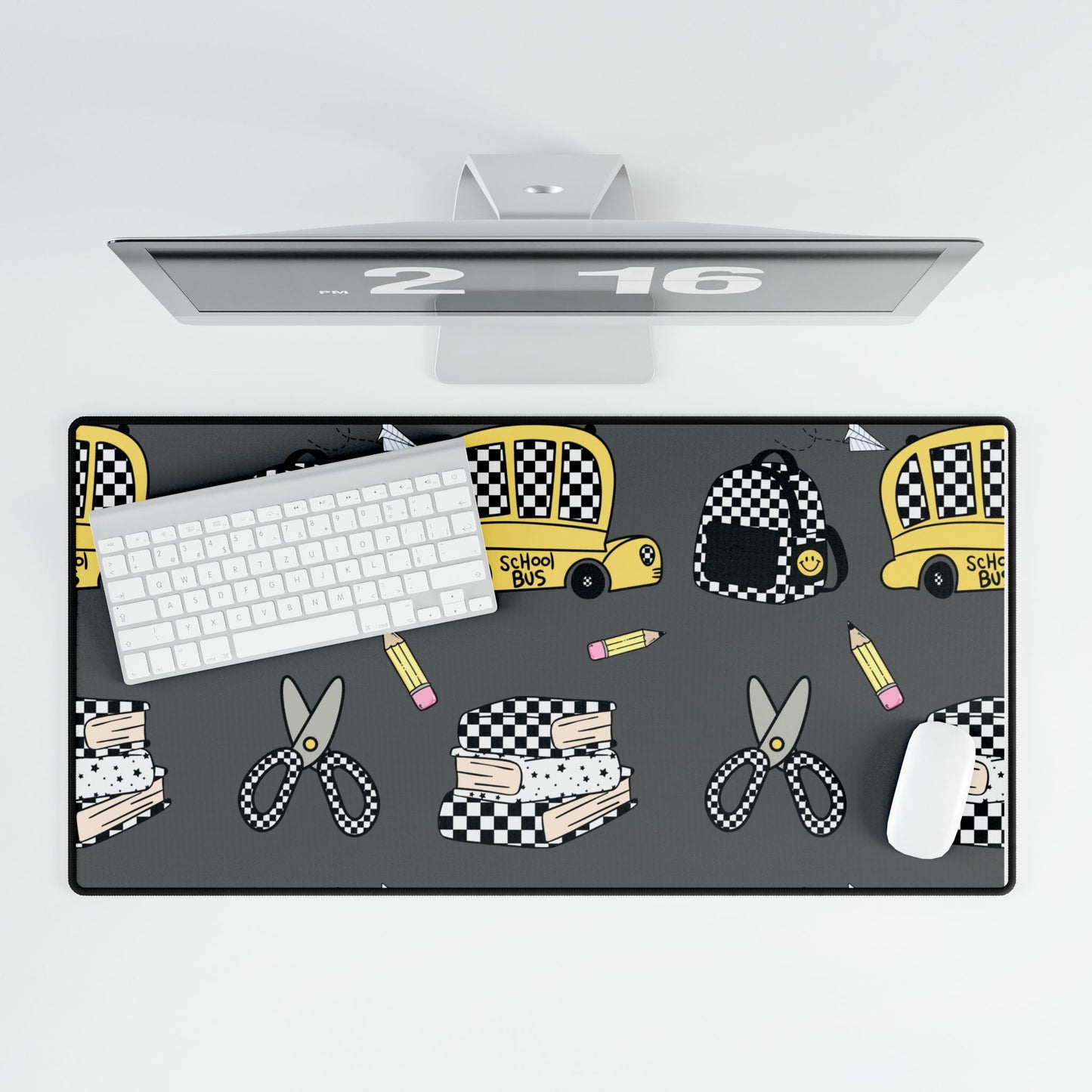 Checkerboard Sewing Desk Mat — Yellow Cab, Scissors & Stacked Fabric Desk Pad