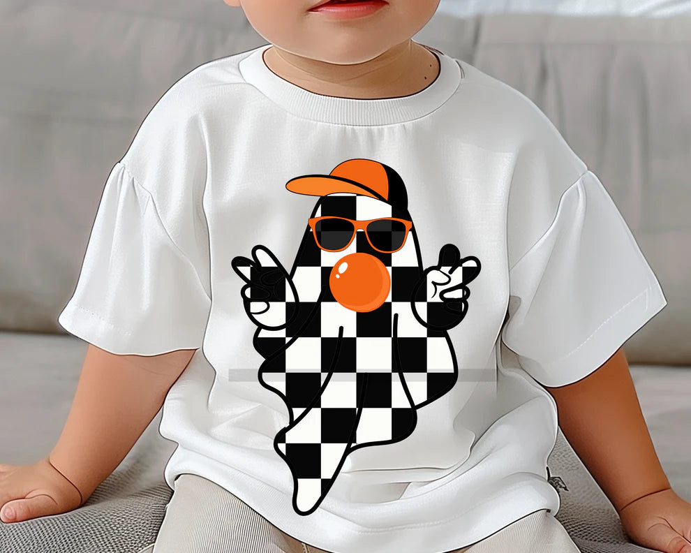Black and White Checkered Ghost With Orange Hat