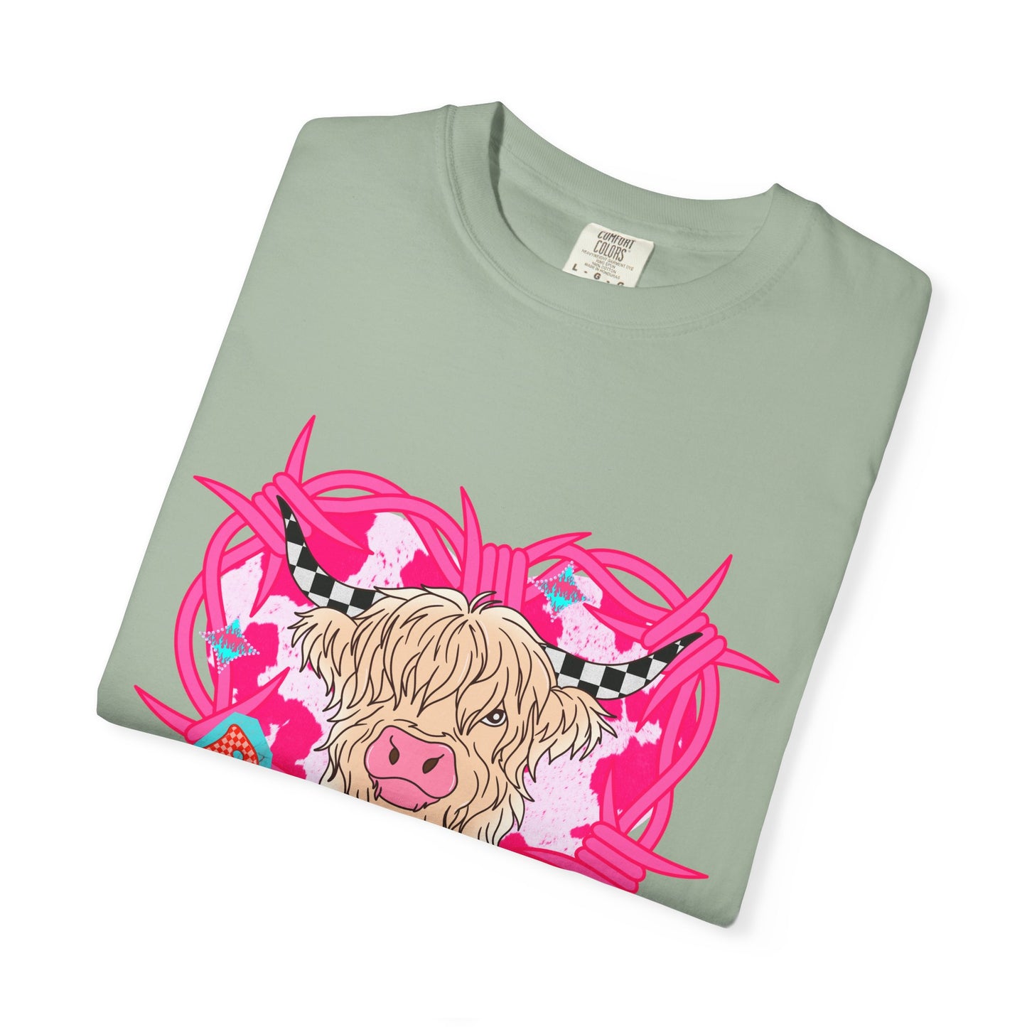 Highland Cow Heart T-Shirt — Cute Pink Scottish Cow Graphic Tee