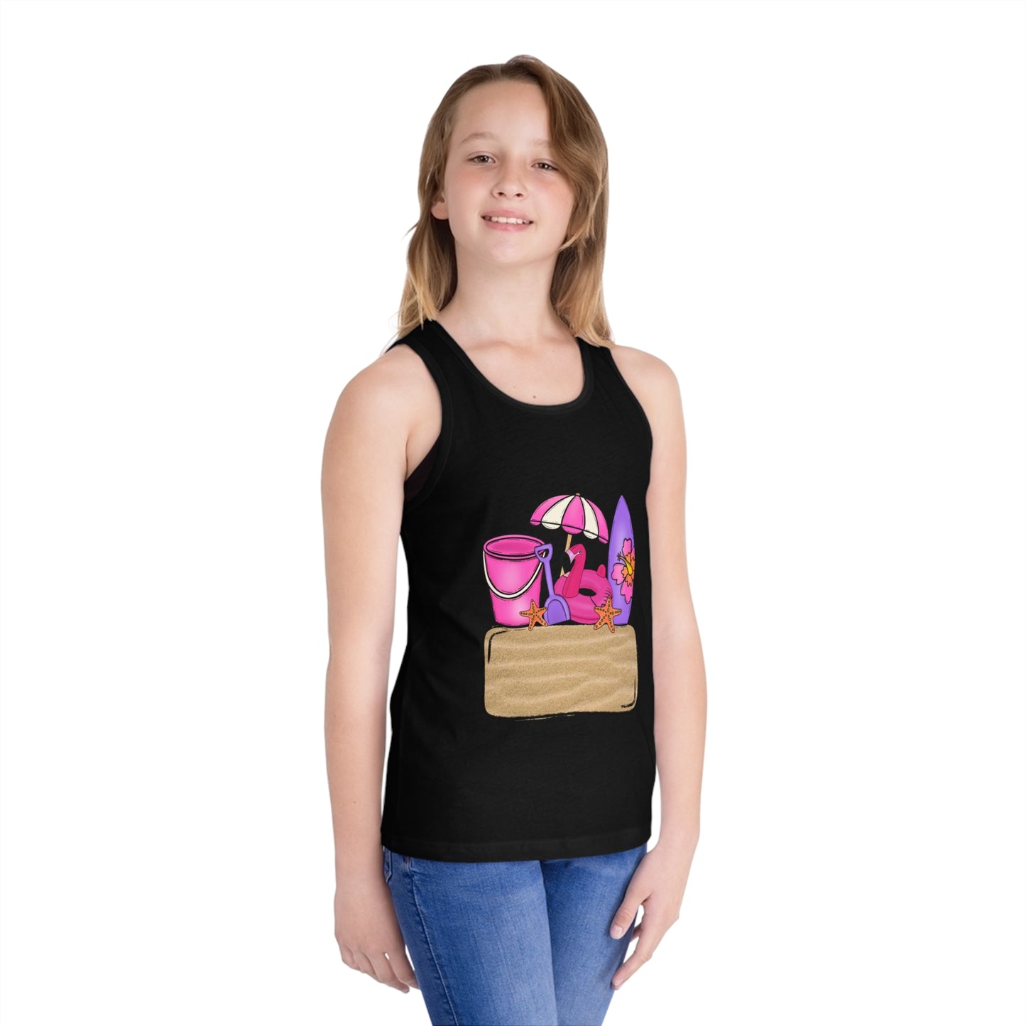 Kids Summer Beach Tank Top — Pink Crab, Surfboard & Sand Pail Graphic