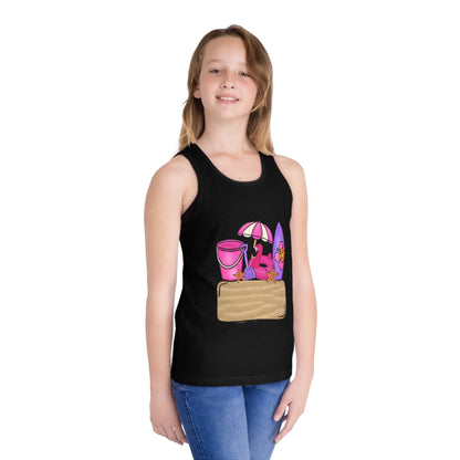Kids Summer Beach Tank Top — Pink Crab, Surfboard & Sand Pail Graphic