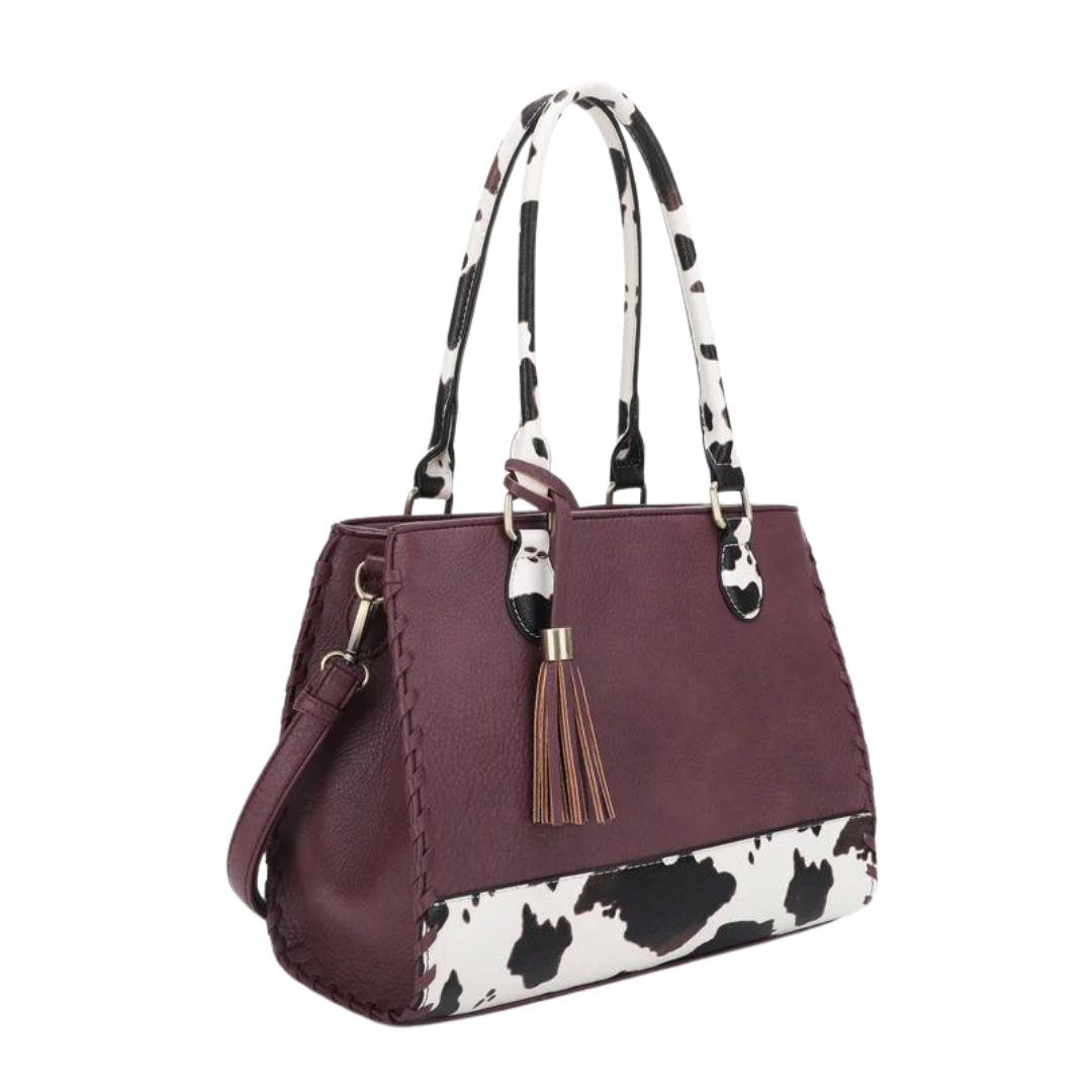 JessieJames Handbags  Montana Concealed Carry Lock and Key Whipstitch Cow Print Satchel Bag with Tassel - Tactical Guardian