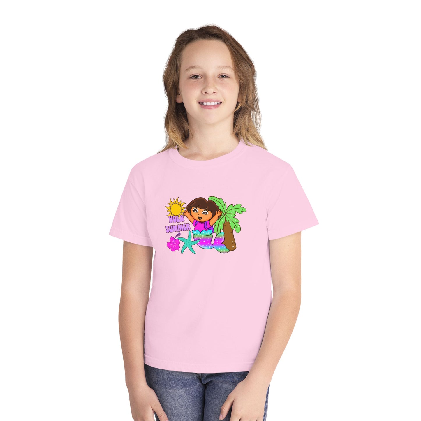 Tropical Kids Tee — "Hello Summer" Palm Tree Surf Girl Youth T-Shirt