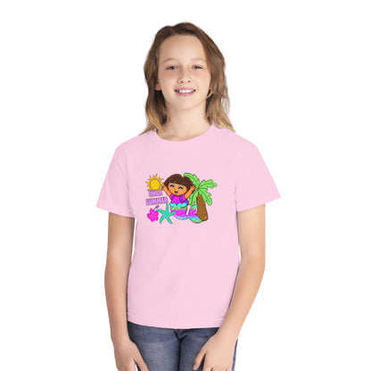Tropical Kids Tee — "Hello Summer" Palm Tree Surf Girl Youth T-Shirt