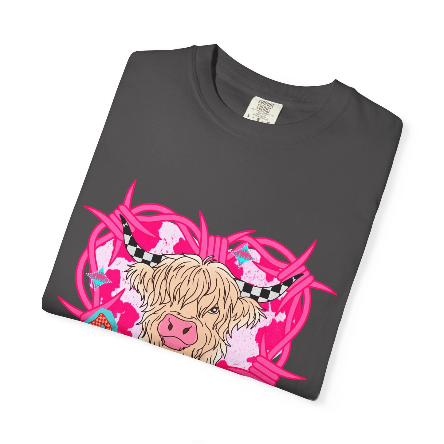 Highland Cow Heart T-Shirt — Cute Pink Scottish Cow Graphic Tee