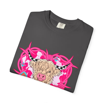 Highland Cow Heart T-Shirt — Cute Pink Scottish Cow Graphic Tee