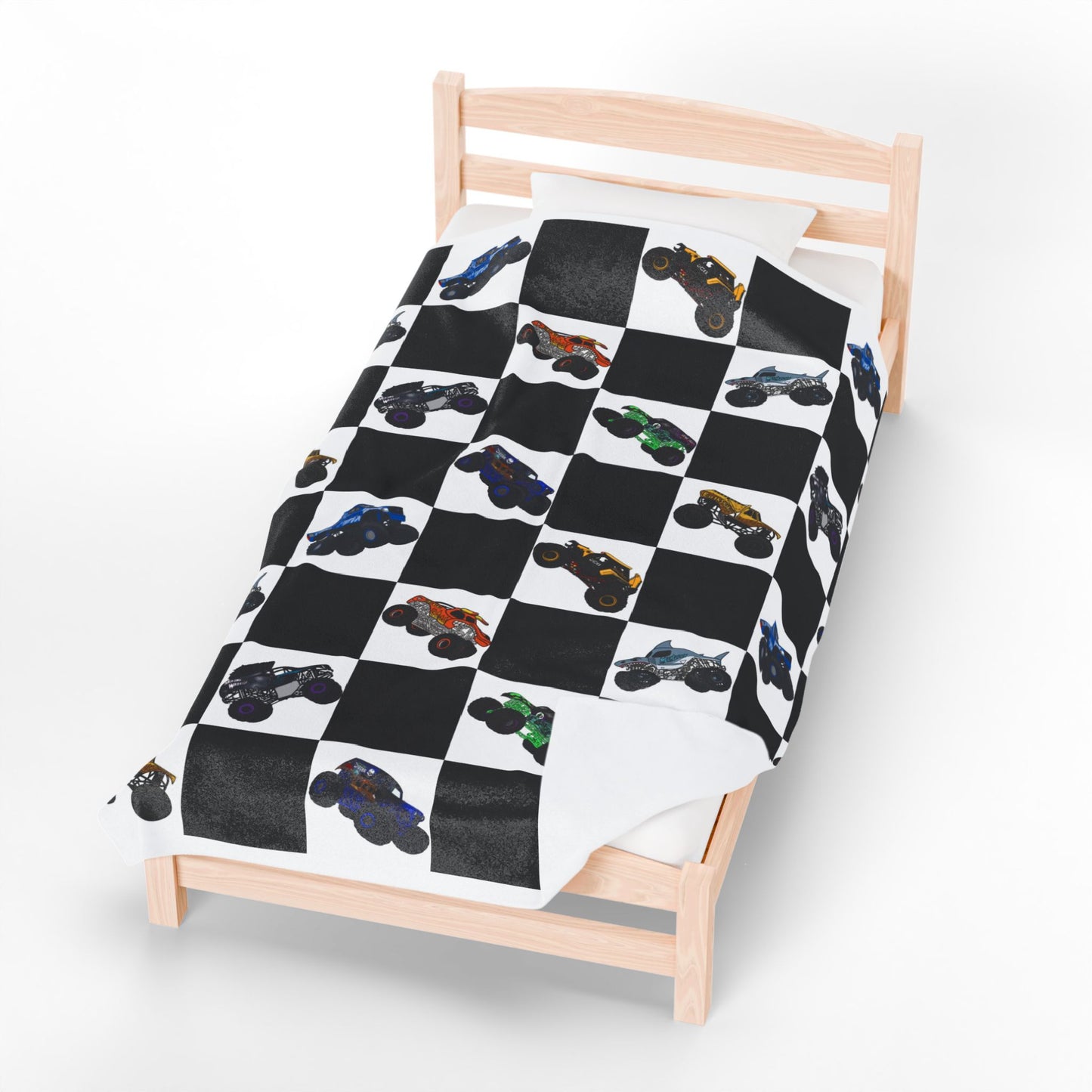 Monster Truck Checkered Velveteen Plush Blanket — Kids Racing Throw