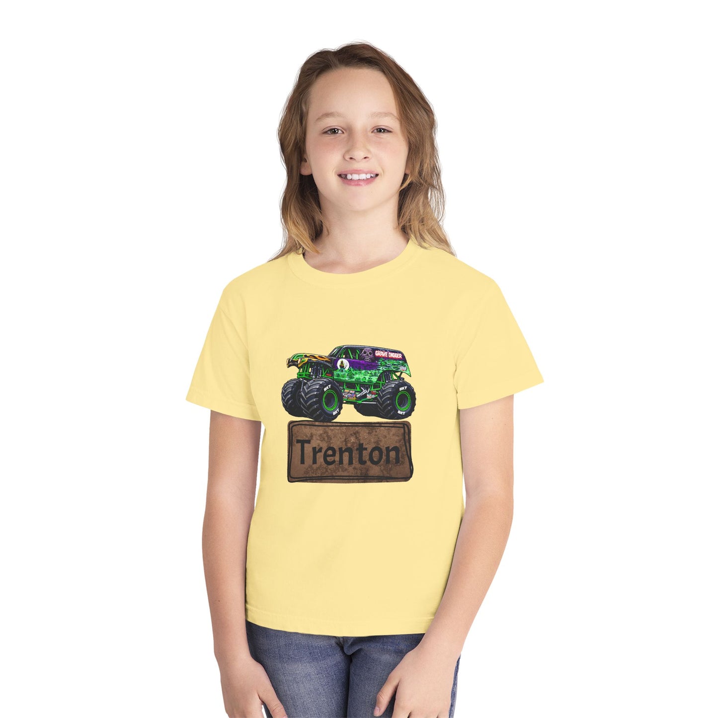 Youth Monster Truck Tee — Personalized "Trenton" Name Design