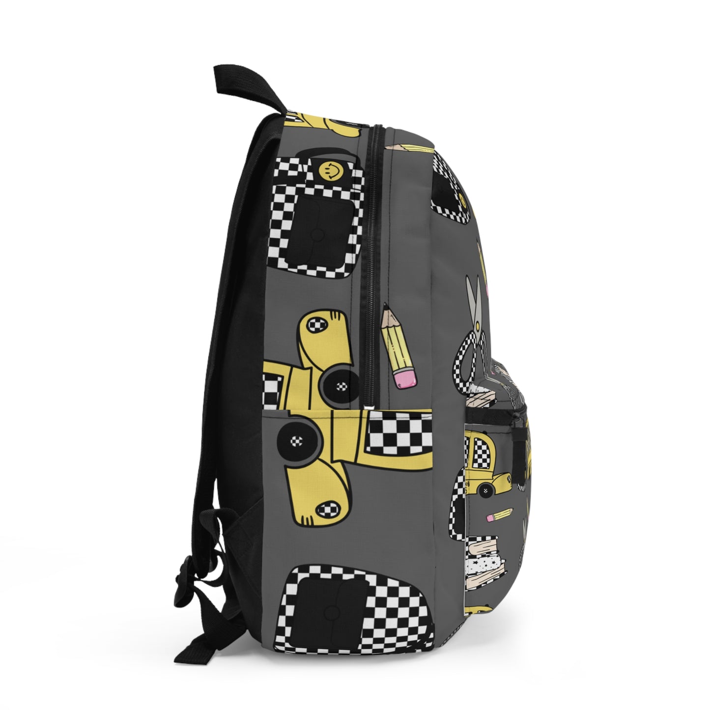 School Bus Pattern Backpack — Grey Kids Backpack with Checkerboard Taxi, Scissors & Pencil Design