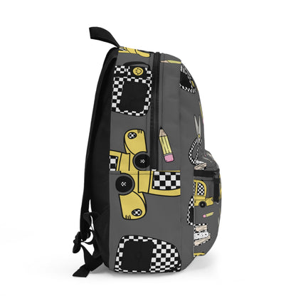 School Bus Pattern Backpack — Grey Kids Backpack with Checkerboard Taxi, Scissors & Pencil Design