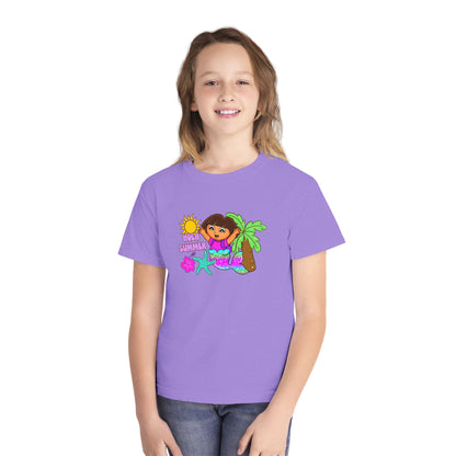 Tropical Kids Tee — "Hello Summer" Palm Tree Surf Girl Youth T-Shirt