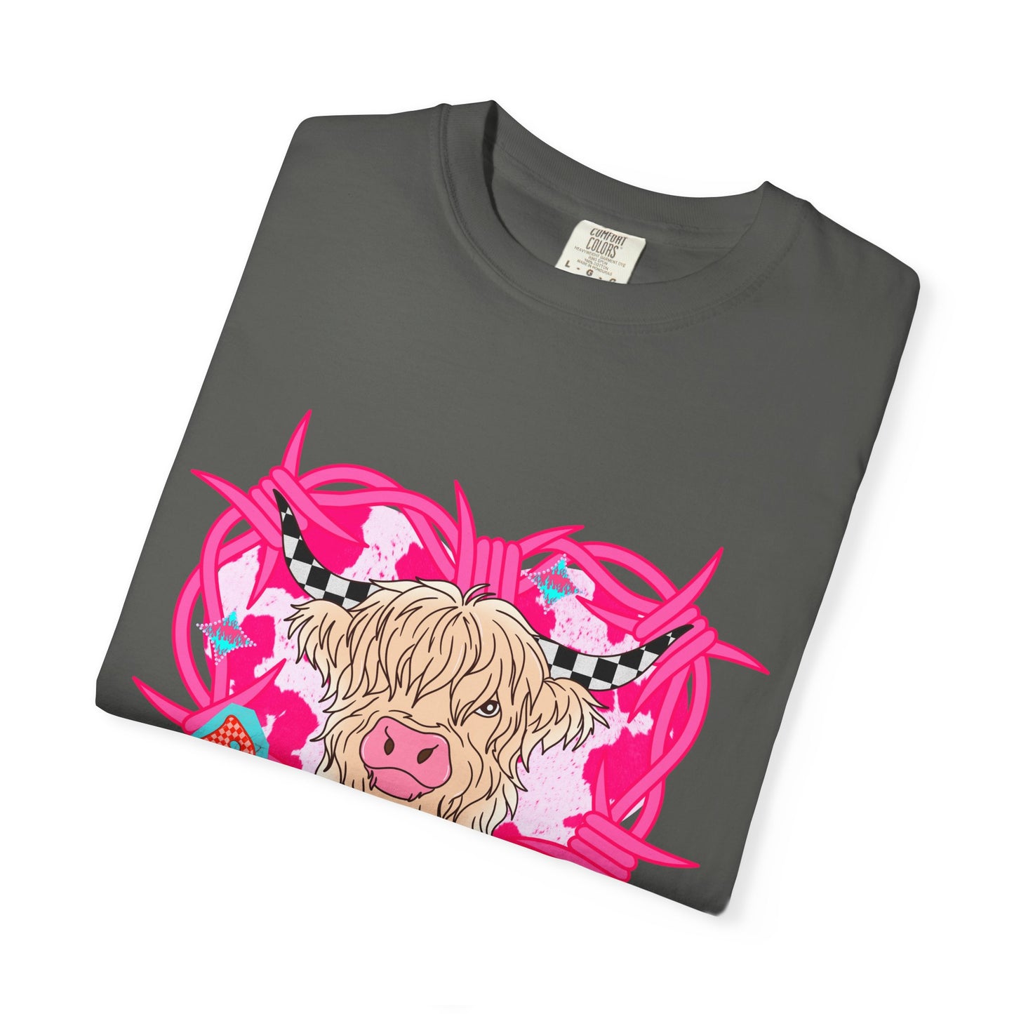 Highland Cow Heart T-Shirt — Cute Pink Scottish Cow Graphic Tee
