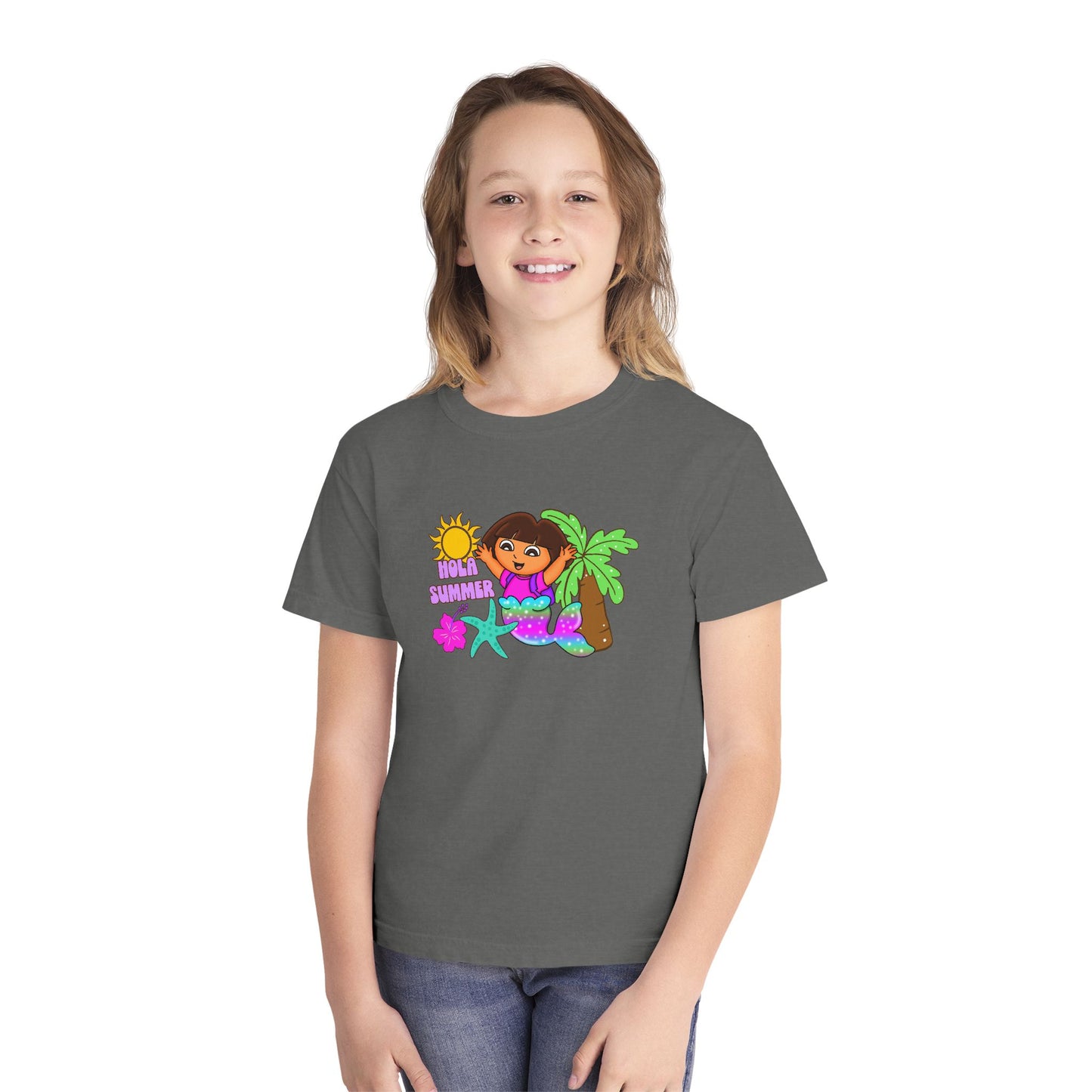 Tropical Kids Tee — "Hello Summer" Palm Tree Surf Girl Youth T-Shirt
