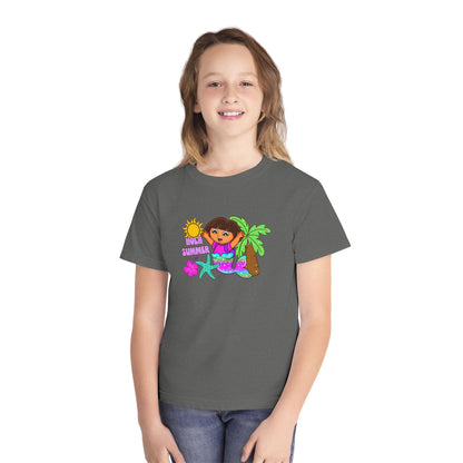 Tropical Kids Tee — "Hello Summer" Palm Tree Surf Girl Youth T-Shirt