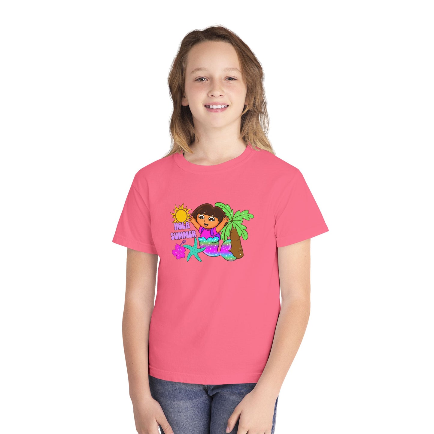 Tropical Kids Tee — "Hello Summer" Palm Tree Surf Girl Youth T-Shirt