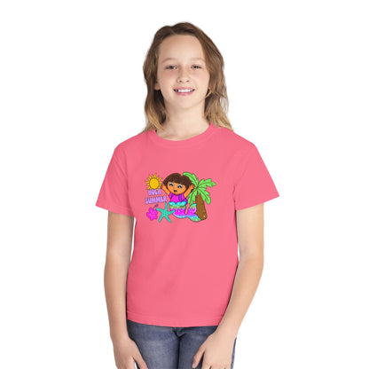Tropical Kids Tee — "Hello Summer" Palm Tree Surf Girl Youth T-Shirt