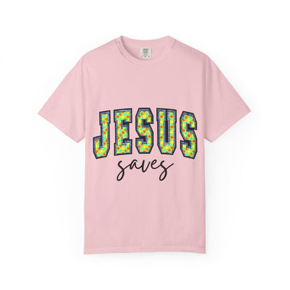 Jesus Saves T‑Shirt — Floral Mosaic Faith Tee for Christians