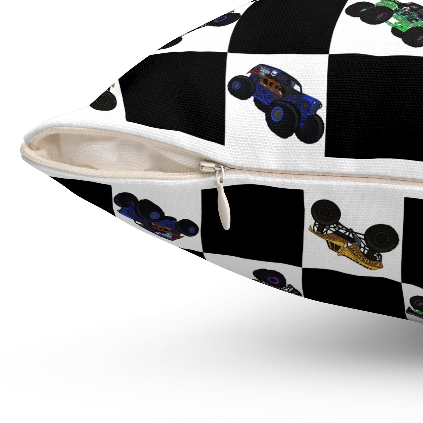 Race Car Checkered Pillow — Black & White Grid with Colorful Monster Trucks