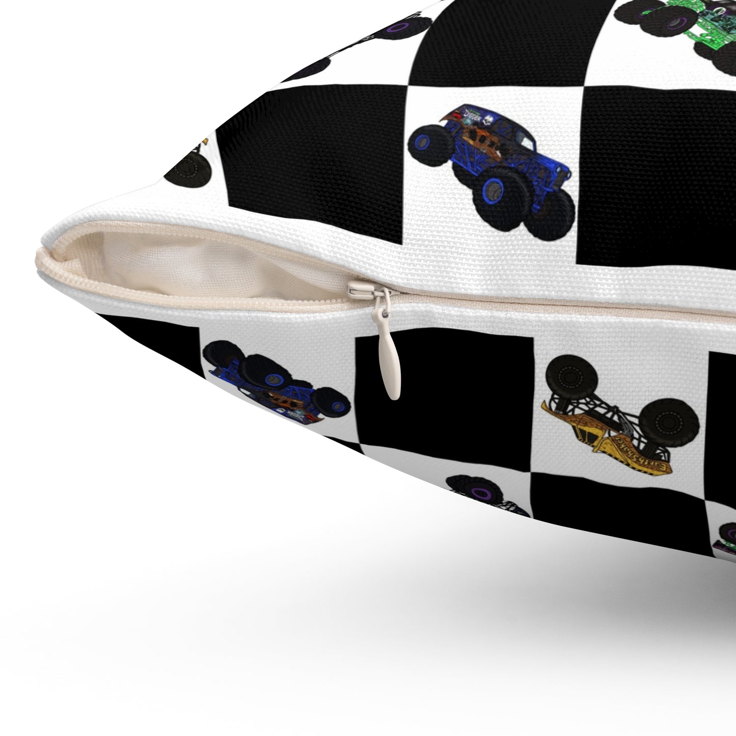 Race Car Checkered Pillow — Black & White Grid with Colorful Monster Trucks