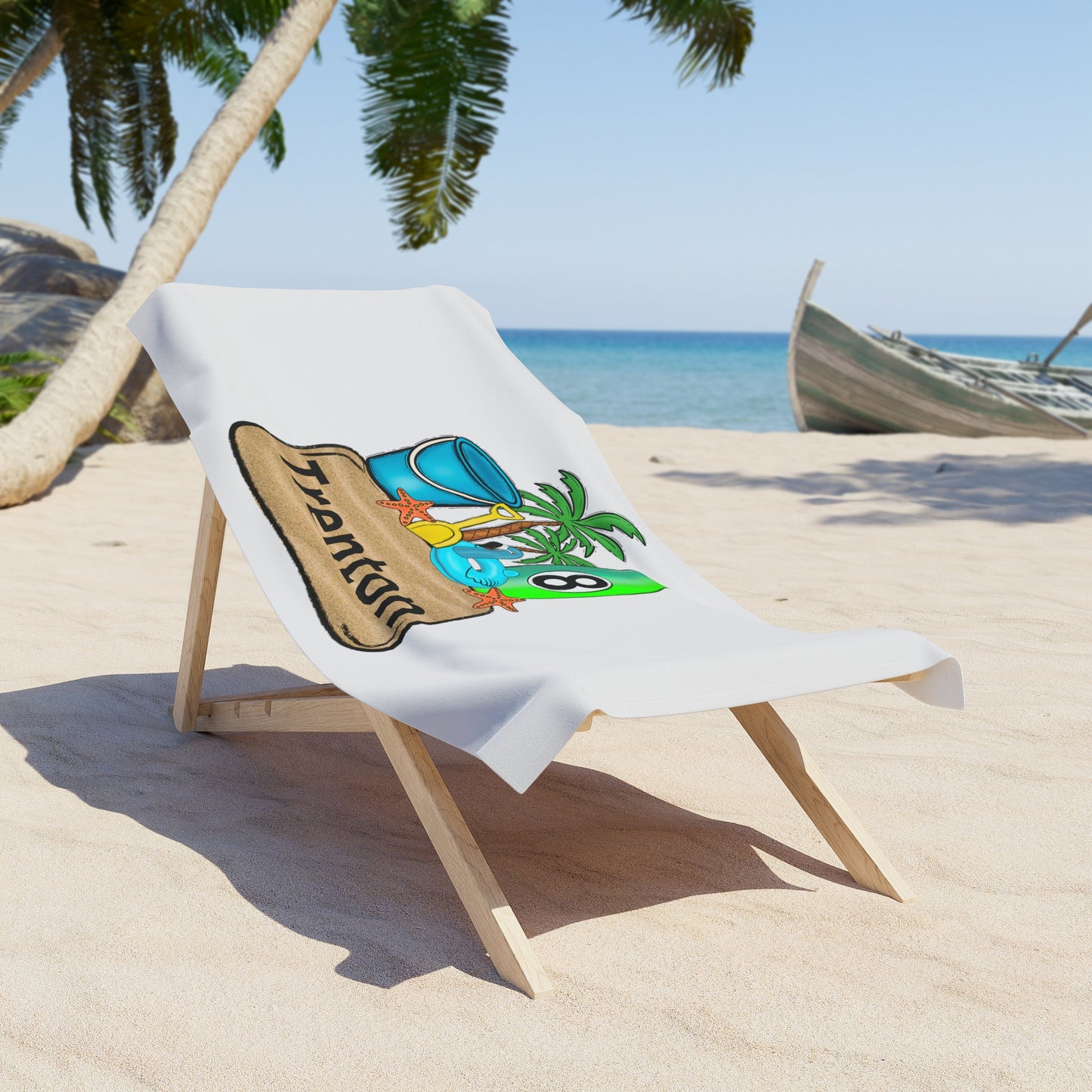Personalized Beach Towel — Tropical Surf & Sand Design with Name (Trenton)