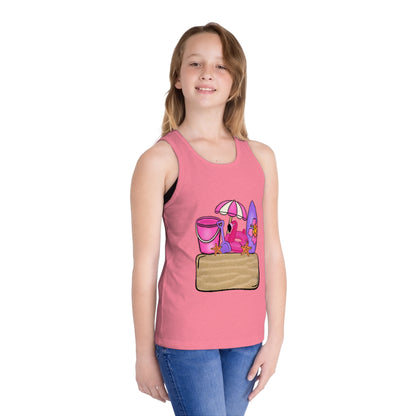 Kids Summer Beach Tank Top — Pink Crab, Surfboard & Sand Pail Graphic