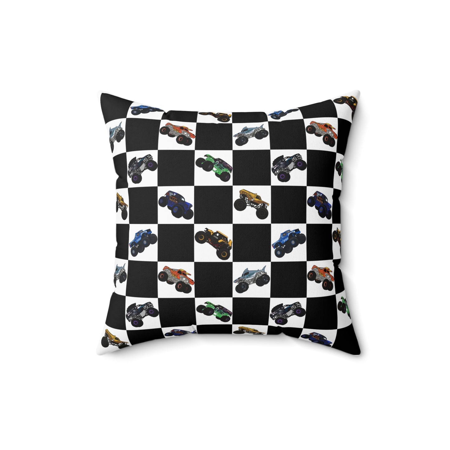 Race Car Checkered Pillow — Black & White Grid with Colorful Monster Trucks