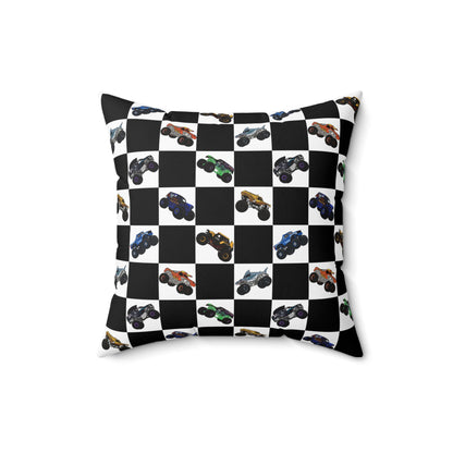 Race Car Checkered Pillow — Black & White Grid with Colorful Monster Trucks
