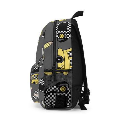 School Bus Pattern Backpack — Grey Kids Backpack with Checkerboard Taxi, Scissors & Pencil Design