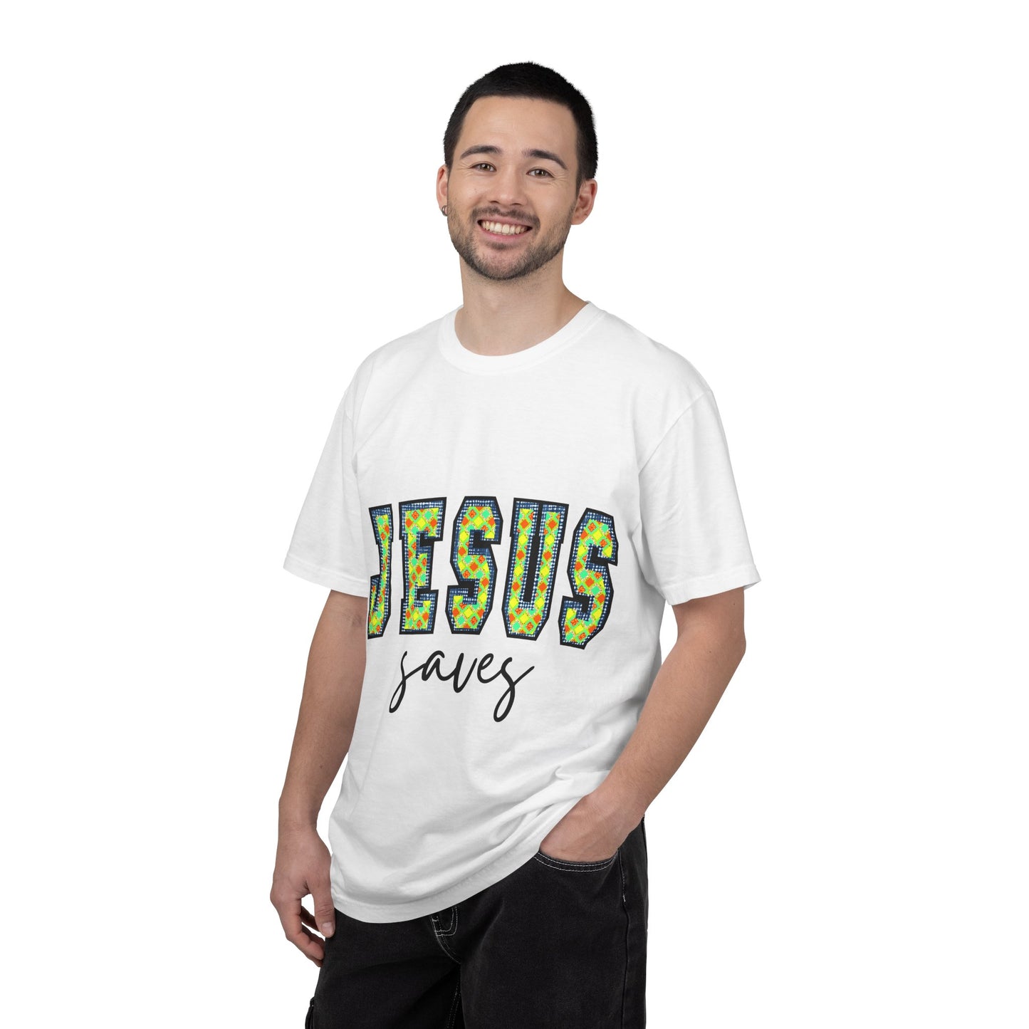 Jesus Saves T‑Shirt — Floral Mosaic Faith Tee for Christians
