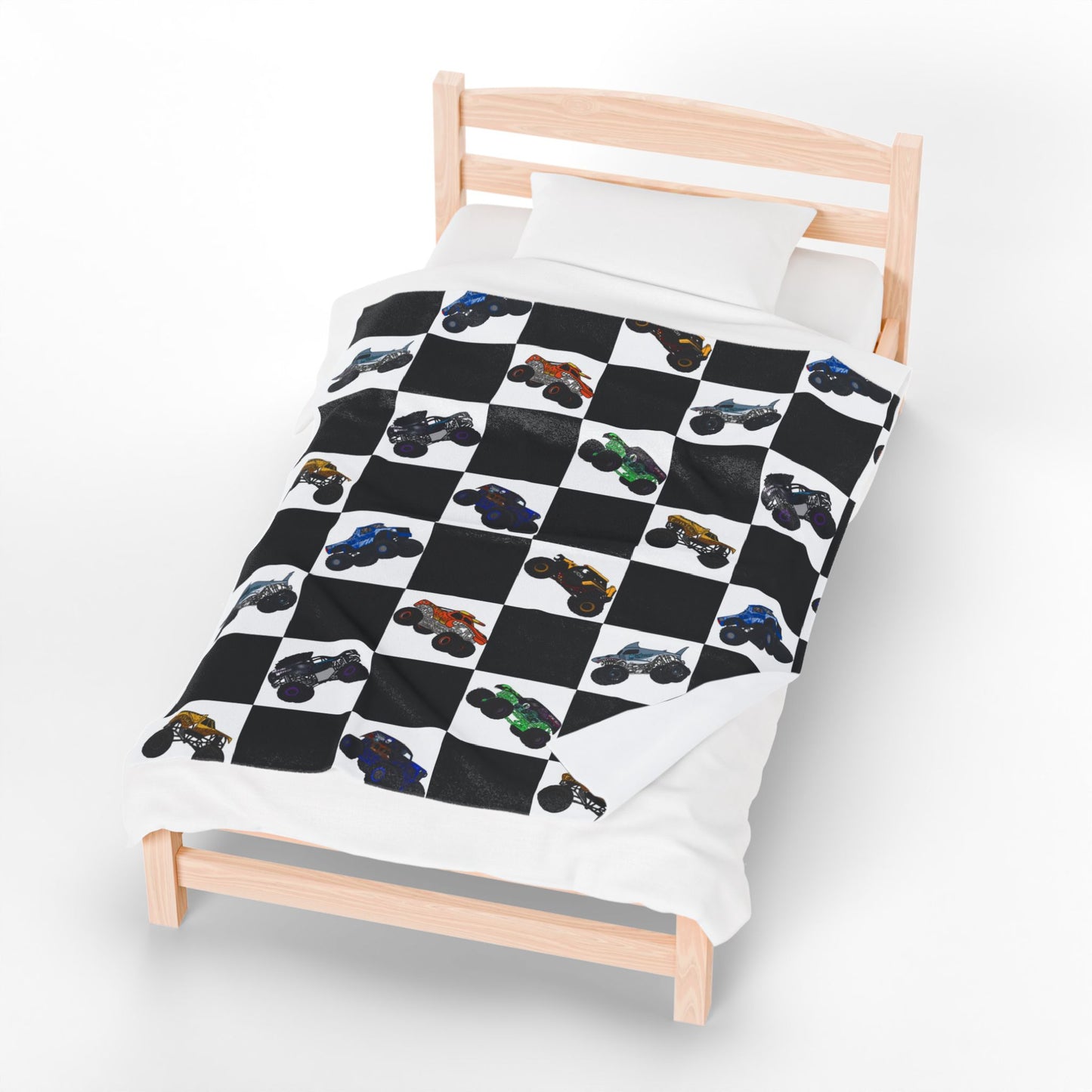 Monster Truck Checkered Velveteen Plush Blanket — Kids Racing Throw
