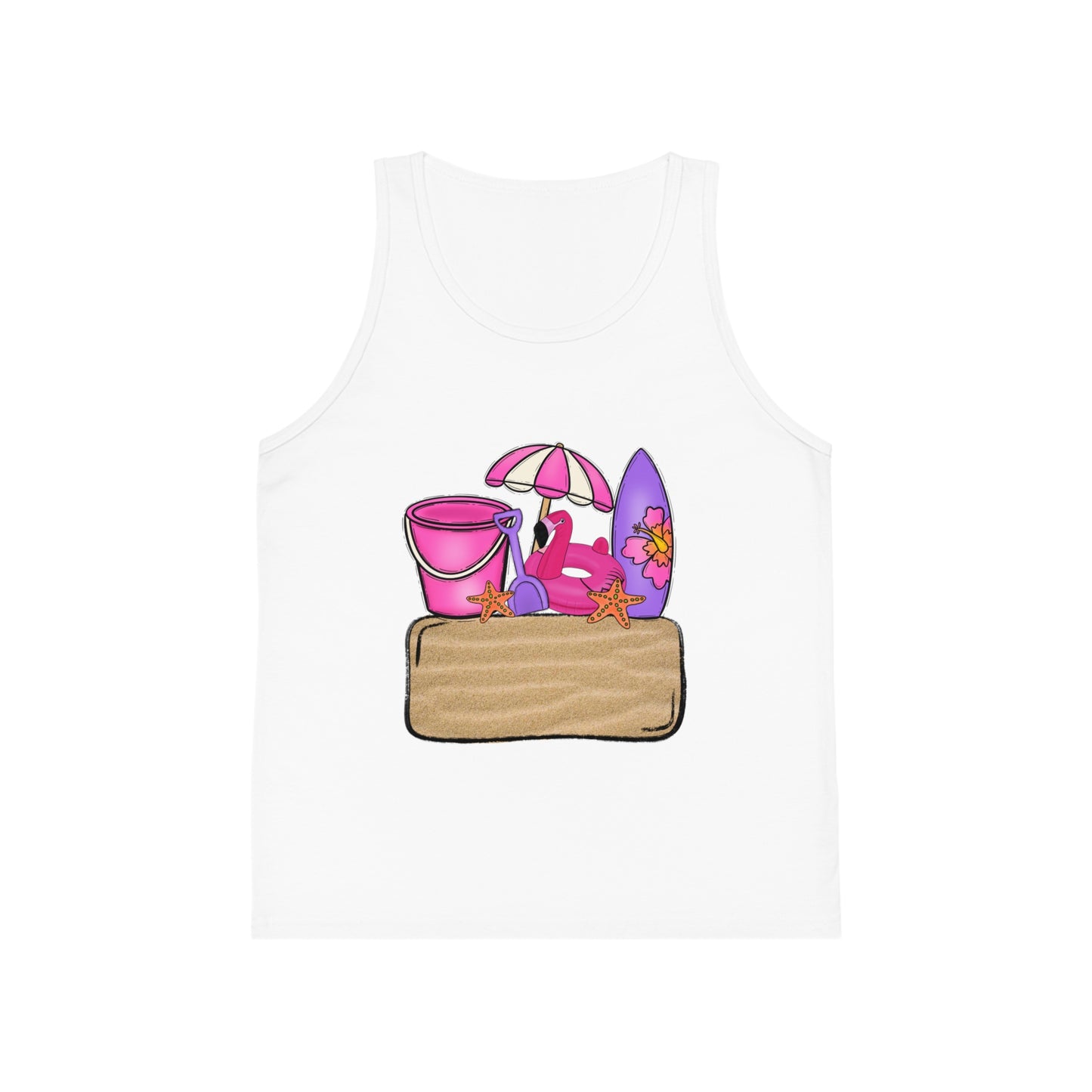 Kids Summer Beach Tank Top — Pink Crab, Surfboard & Sand Pail Graphic