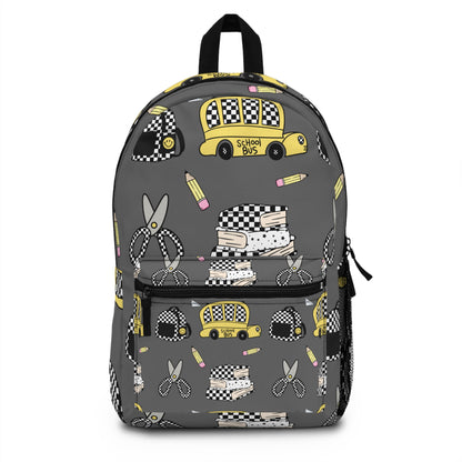 School Bus Pattern Backpack — Grey Kids Backpack with Checkerboard Taxi, Scissors & Pencil Design