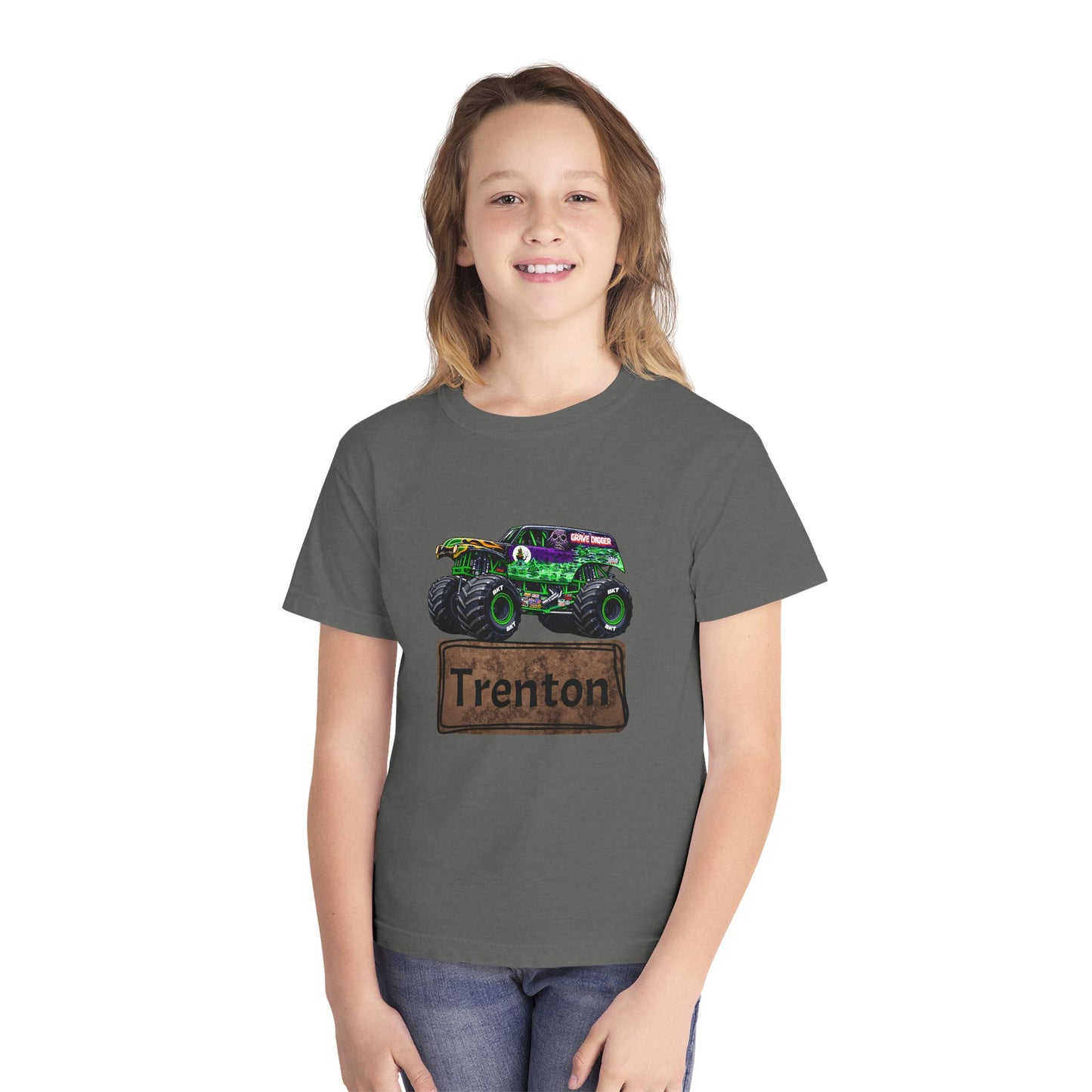 Youth Monster Truck Tee — Personalized "Trenton" Name Design
