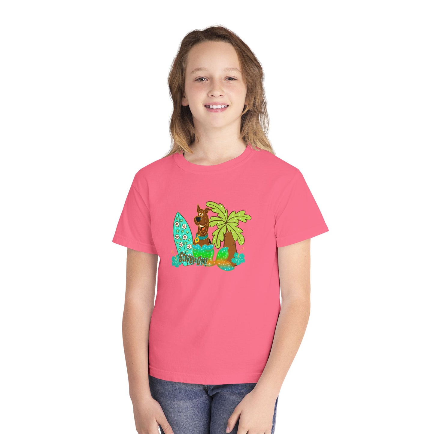 Youth Surf Llama Tee — Tropical Palm & Surfboard Kids Shirt