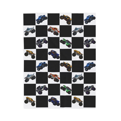 Monster Truck Checkered Velveteen Plush Blanket — Kids Racing Throw