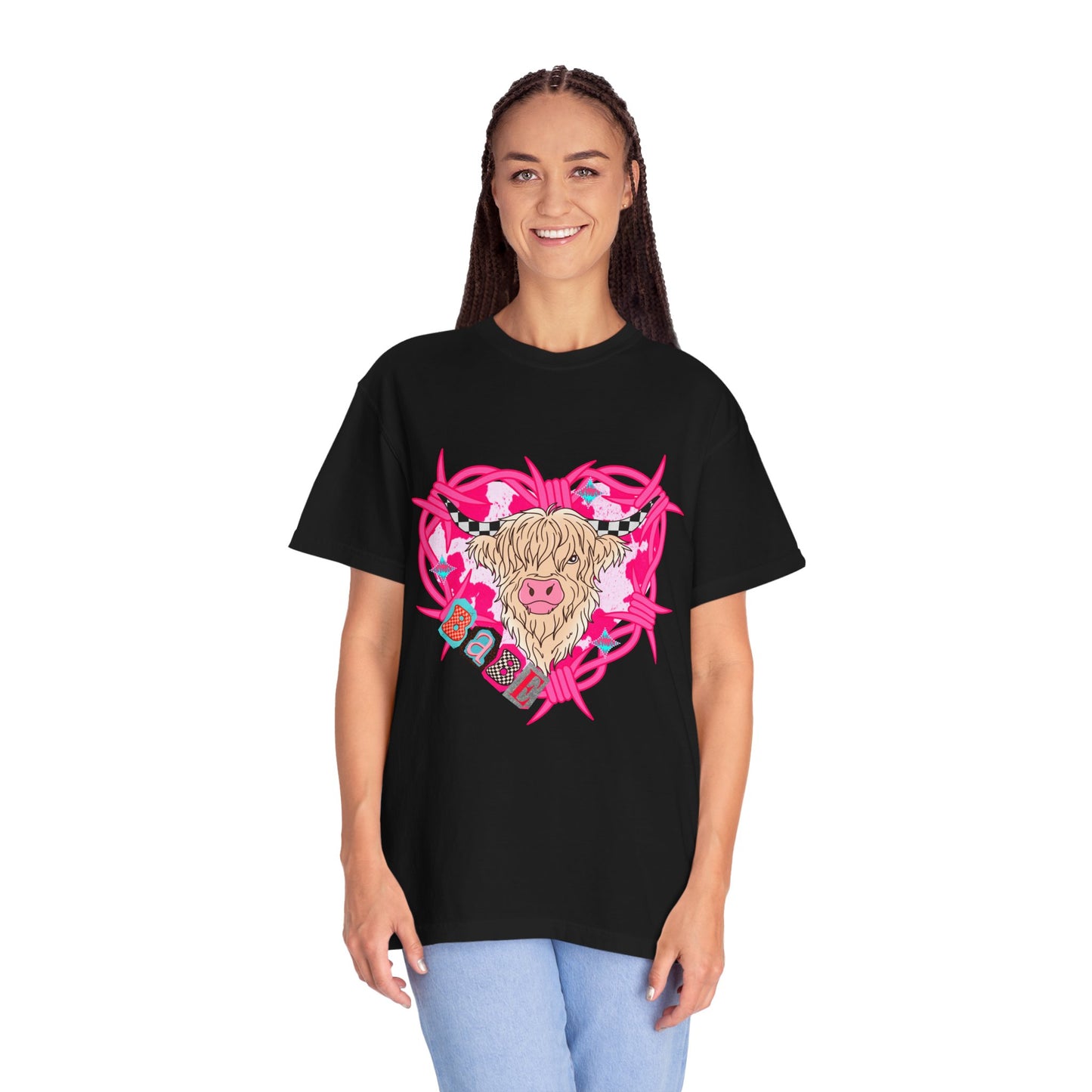 Highland Cow Heart T-Shirt — Cute Pink Scottish Cow Graphic Tee