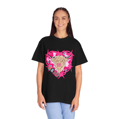Highland Cow Heart T-Shirt — Cute Pink Scottish Cow Graphic Tee