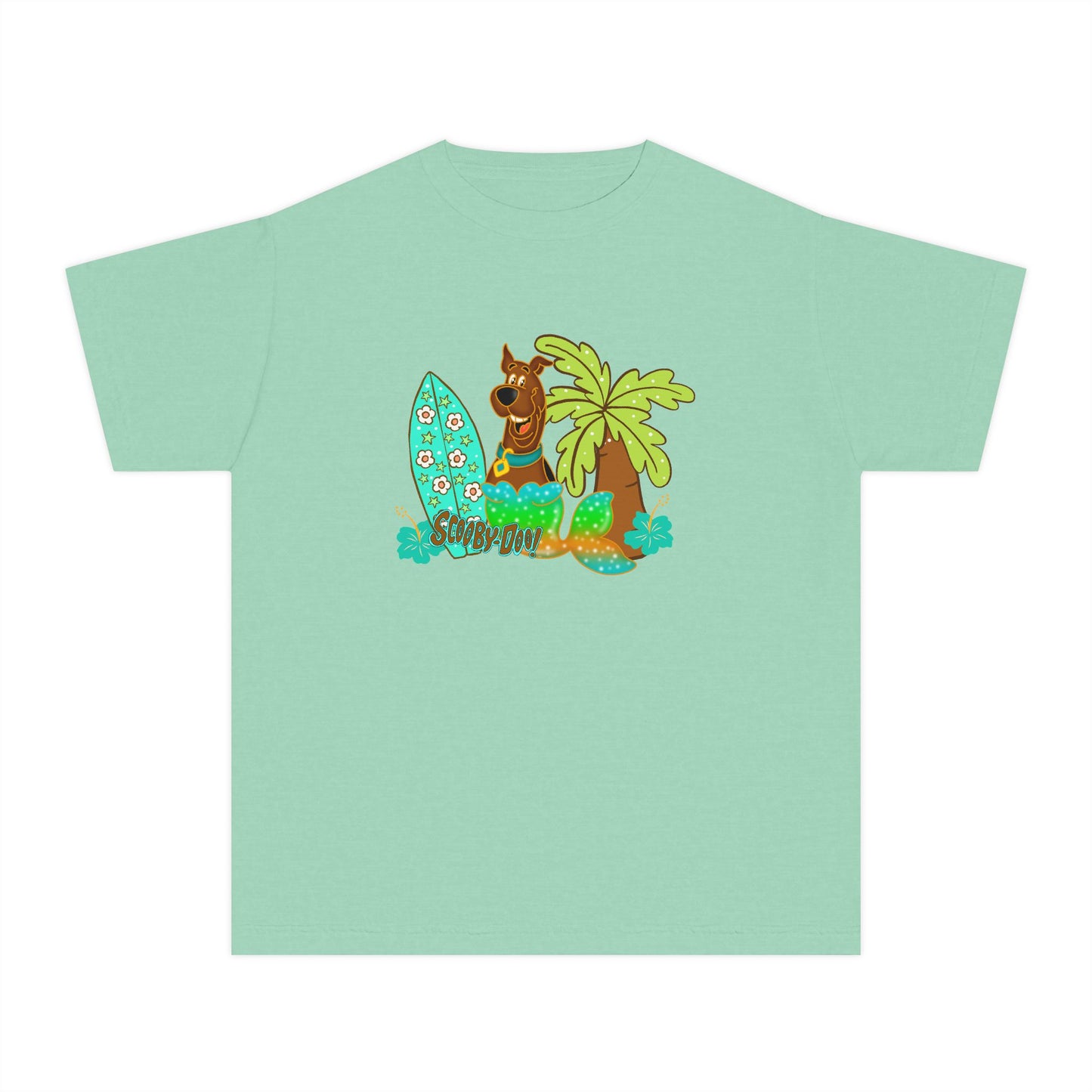 Youth Surf Llama Tee — Tropical Palm & Surfboard Kids Shirt