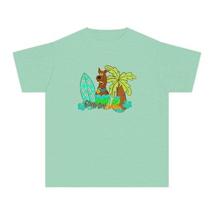 Youth Surf Llama Tee — Tropical Palm & Surfboard Kids Shirt