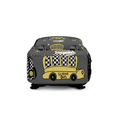 School Bus Pattern Backpack — Grey Kids Backpack with Checkerboard Taxi, Scissors & Pencil Design