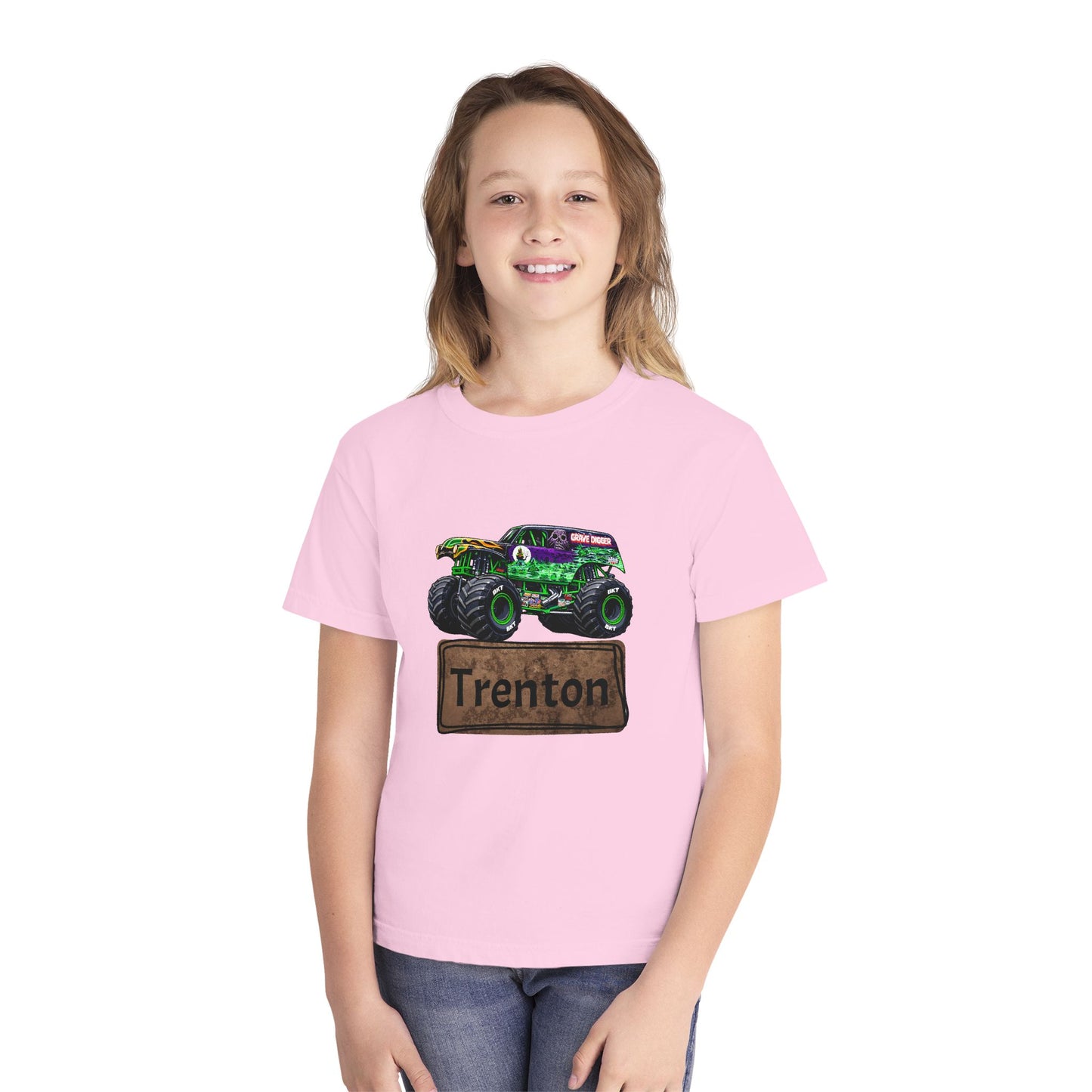 Youth Monster Truck Tee — Personalized "Trenton" Name Design