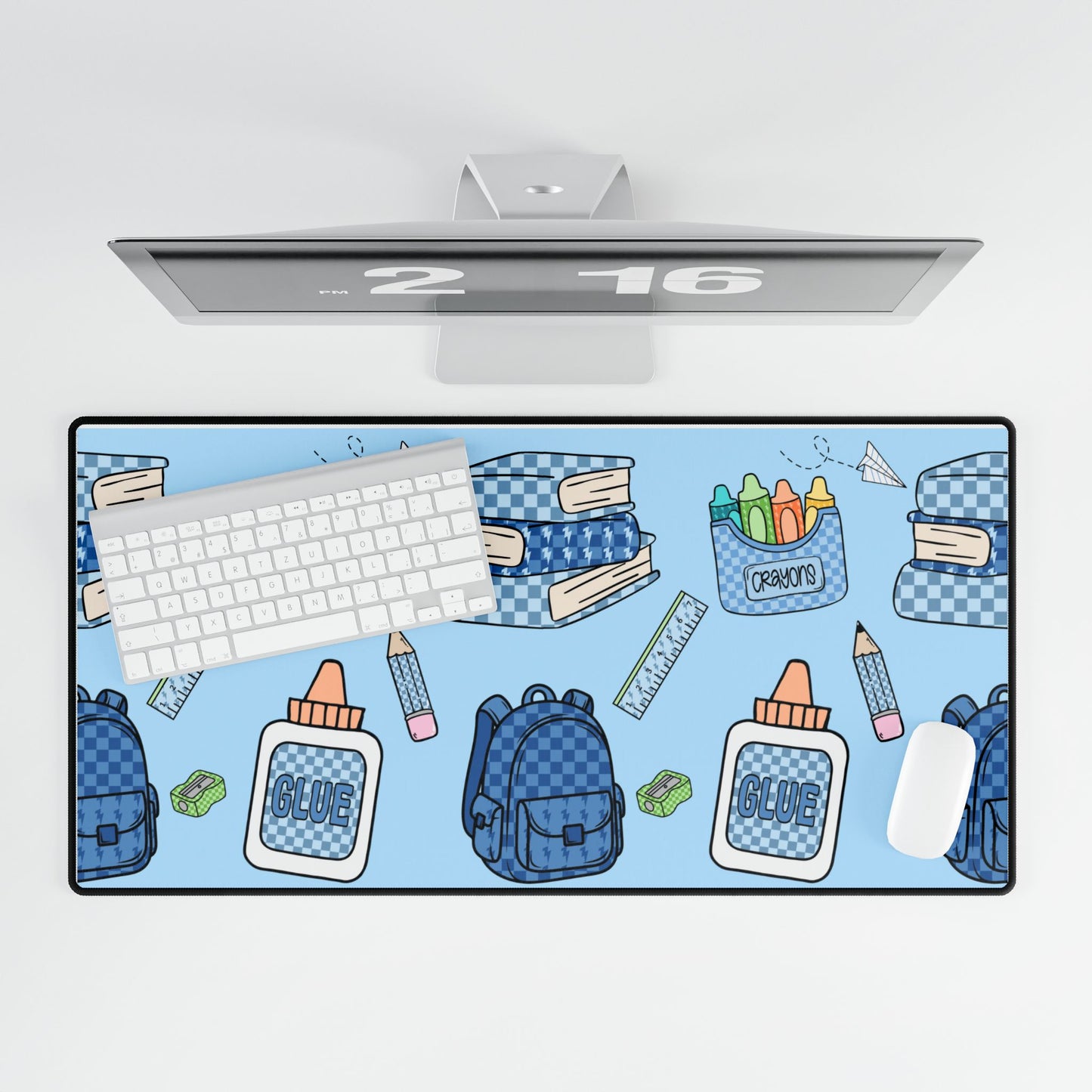 School Supplies Blue Desk Mat — Backpack, Books, Crayons Pattern