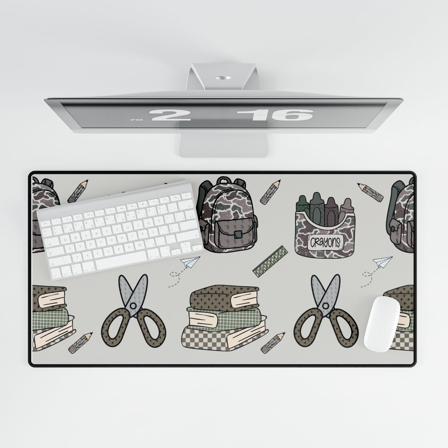 School Supplies Pattern Desk Mat – Back to School Desk Pad with Scissors, Books & Crayons