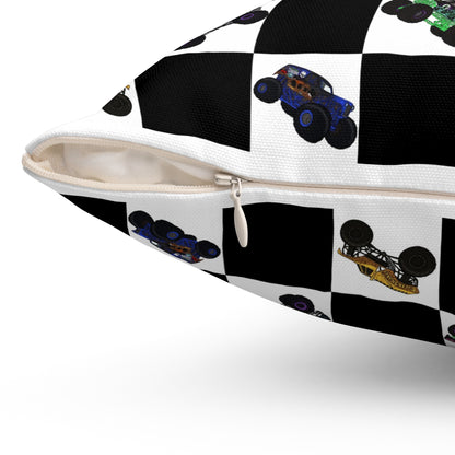 Race Car Checkered Pillow — Black & White Grid with Colorful Monster Trucks