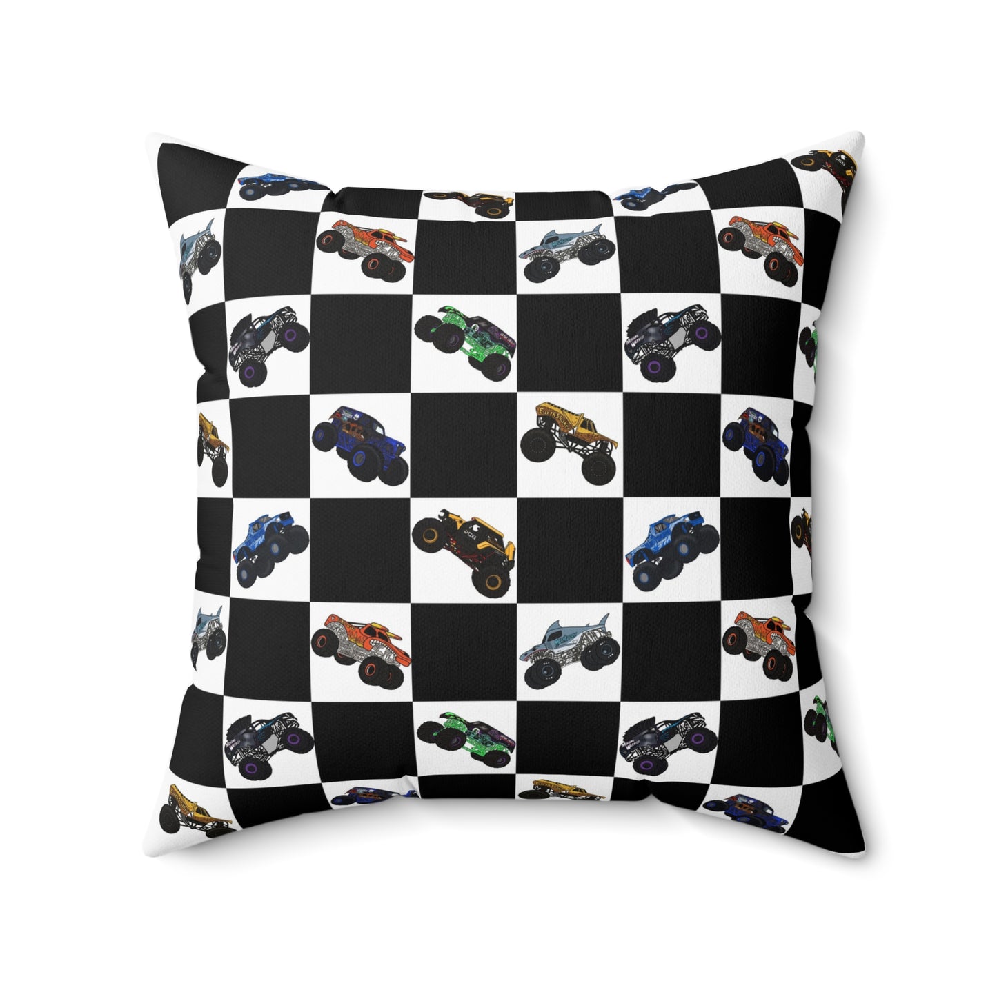 Race Car Checkered Pillow — Black & White Grid with Colorful Monster Trucks