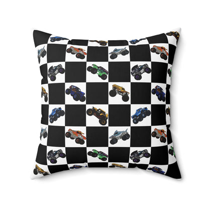 Race Car Checkered Pillow — Black & White Grid with Colorful Monster Trucks