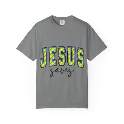 Jesus Saves T‑Shirt — Floral Mosaic Faith Tee for Christians
