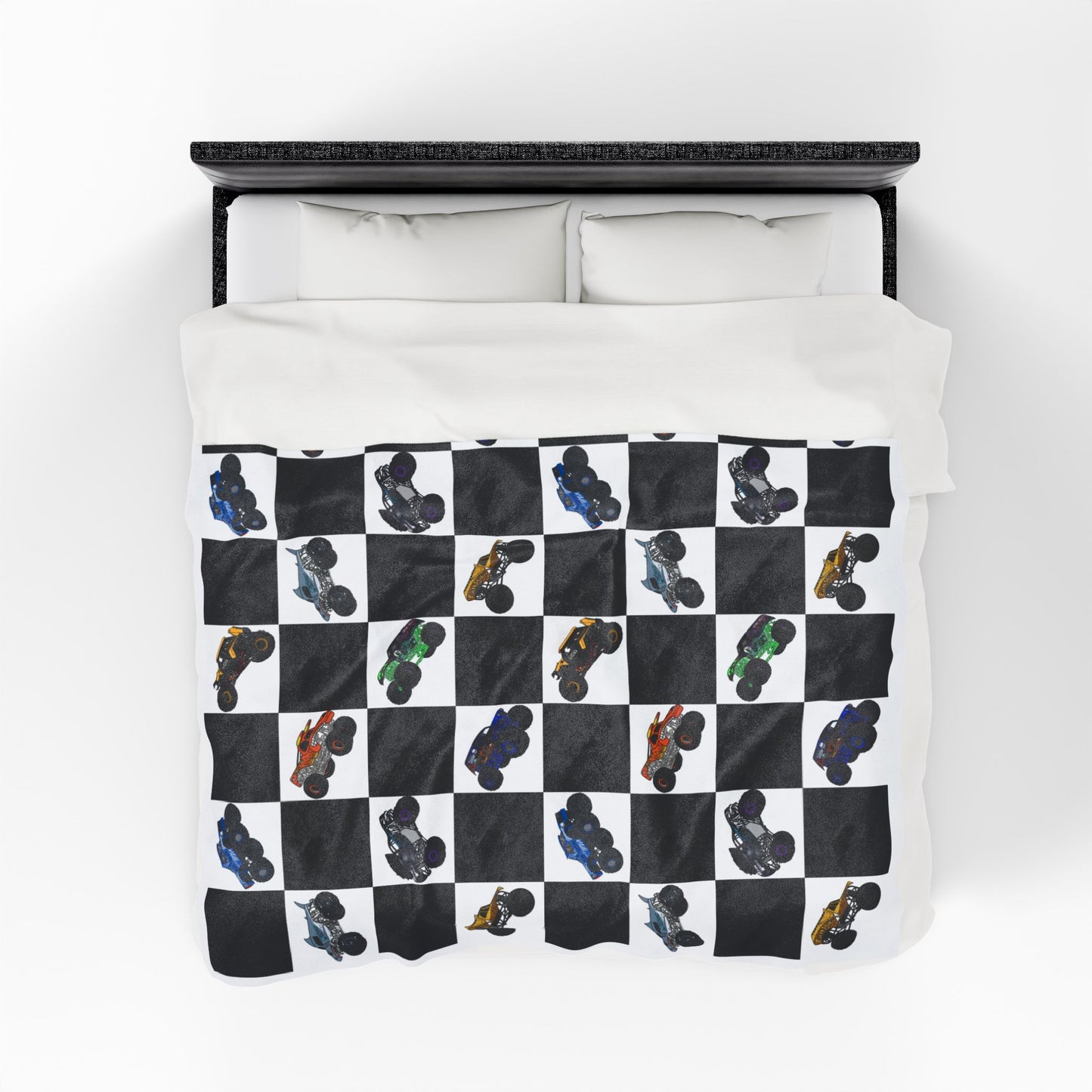 Monster Truck Checkered Velveteen Plush Blanket — Kids Racing Throw